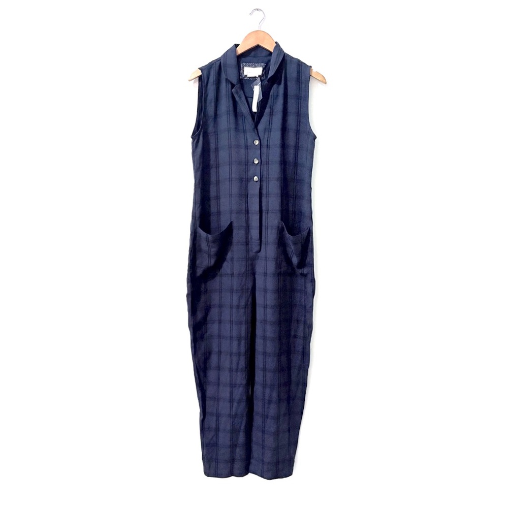 NWT Anthropologie Navy Plaid Sleeveless Cropped Jumpsuit Pockets Small - Picture 3 of 9